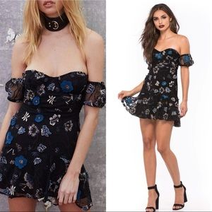 For Love and Lemons Black Embroidered Botanical Off Shoulder Mini Dress Large
